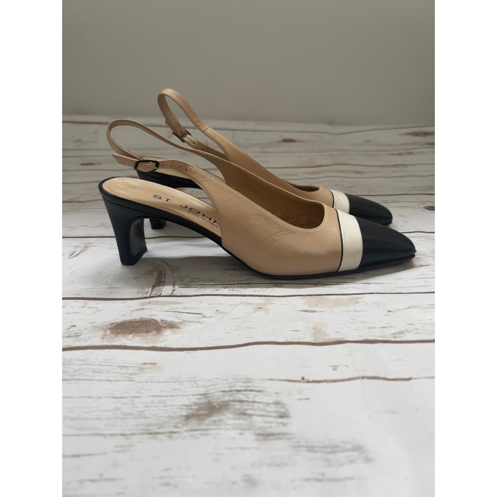 St. John Slingback Pumps Tan Black White Leather Square Toe Size 8.5 B